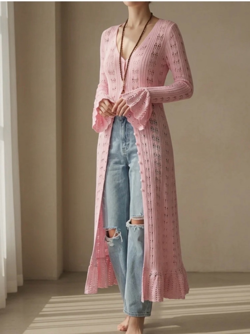 Fashion Nova Light Pink Crochet Knit Cardigan